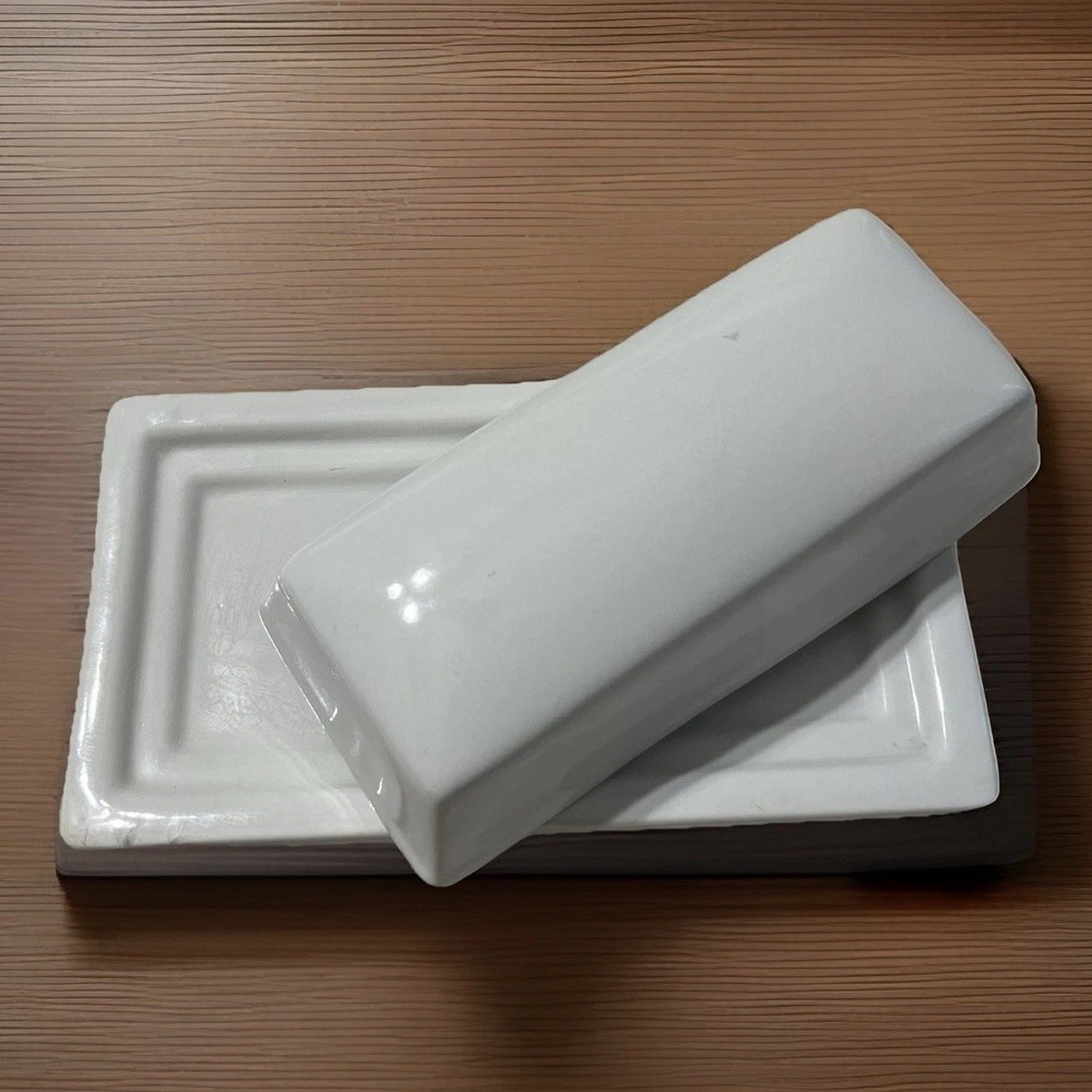 Oggi White Ceramic Butter Dish with Lid Rectangular‎ Kitchen Server Tray